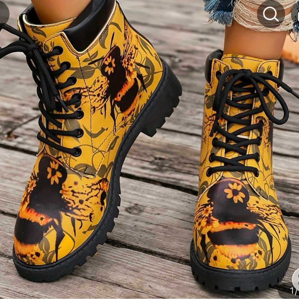 Yellow Floral Lace-Up Combat Boots